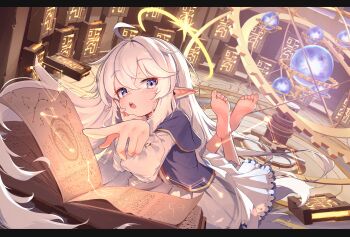 1girl absurdres ahoge barefoot book capelet commentary_request commission crossed_bangs domado dress hair_between_eyes halo hand_on_own_cheek hand_on_own_face highres korean_commentary legs_up long_hair long_sleeves looking_at_viewer lying magic on_stomach open_book open_mouth orb original pointing pointing_at_viewer pointy_ears purple_capelet purple_eyes purple_shirt shirt solo teeth tongue upper_teeth_only white_dress white_hair yellow_halo