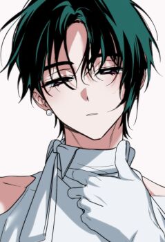 Rule 34 | 1boy, alien stage, black hair, clothing cutout, commentary, earrings, genderswap, genderswap (ftm), gloves, half-closed eyes, highres, jewelry, lubya, male focus, parted lips, pearl earrings, portrait, purple eyes, shirt, short hair, shoulder cutout, simple background, solo, sphere earrings, sua (alien stage), white background, white gloves, white shirt