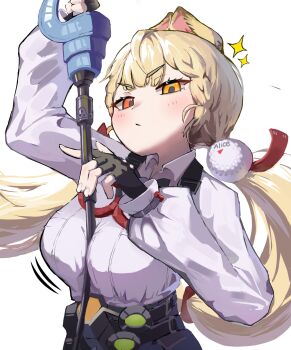 alice_thymefield animal_ears between_breasts blonde_hair breasts chest_bow commentary_request heterochromia highres kraken_bio low_twintails rabbit_ears rabbit_girl red_eyes shirt twintails upper_body weapom white_background white_shirt yellow_eyes zenless_zone_zero