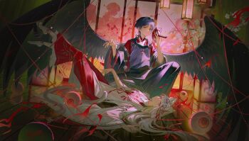 1boy 1girl alternate_costume alternate_species animal_ears artist_request bird_boy black_hair black_hakama black_pants black_sleeves black_wings blood blood_splatter blunt_bangs blunt_ends cat_ears cat_girl cat_tail chihaya_(clothing) choppy_bangs circlet closed_mouth commission commissioner_insert couple detached_sleeves earrings eyeball feathered_wings foot_up frilled_skirt frills genshin_impact hair_intakes hair_ornament hair_spread_out hair_tubes hakama hands_up haori_himo hayami_momo_(hayamimomo) hetero highres holding holding_mask japanese_clothes jewelry kariginu kimono knee_up kosode lantern layered_sleeves legs_up long_hair long_sleeves looking_at_viewer lying mask miko mitsudomoe_(shape) mole mole_under_eye multiple_tails nekomata oc_x_canon on_back open_hands original pants paper_lantern parted_bangs pink_eyes pleated_pants puppet_strings purple_eyes red_hakama red_kimono red_mask red_ribbon red_sleeves ribbon ribbon-trimmed_sleeves ribbon_trim scaramouche_(genshin_impact) second-party_source sitting skirt socks tabi tail tassel tassel_hair_ornament tengu tengu_mask tomoe_(symbol) tsurime two_tails white_hair white_kimono white_sleeves white_socks wide_sleeves wings