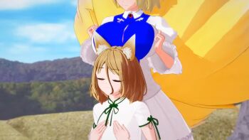 Rule 34 | 2girls, 3d, :3, animal ear fluff, animal ears, animated, audible music, blonde hair, blue sky, bouncing breasts, breast rest, breast shake, breasts, breasts squeezed together, closed eyes, closed mouth, cloud, cloudy sky, day, flat chest, fox ears, fox girl, fox tail, frilled sleeves, frills, grass, green ribbon, hair between eyes, hands on own chest, head massage, head out of frame, head tilt, koikatsu (medium), kudamaki tsukasa, large breasts, leinnk4, long skirt, long sleeves, massage, meme, multiple girls, multiple tails, nose, outdoors, ribbon, shaking head, short hair, short sleeves, size difference, skirt, sky, smile, sound, standing, tabard, tail, touhou, tree, video, yakumo ran