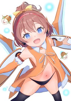 1girl :d absurdres armband bare_shoulders black_panties blue_eyes blush brown_hair chunithm commentary_request detached_sleeves fang flat_chest hair_between_eyes hairband highres hinata_chinatsu loli looking_at_viewer navel nn_nks ongeki open_mouth outstretched_arms panties ponytail ribbon shirt short_hair sky_feather_(chunithm) smile solo spread_arms standing thighhighs underwear v-shaped_eyebrows