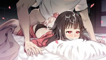 1boy 1girl aftersex age_difference aged_down ass bed bed_sheet black_panties blvefo9 brown_hair clothes_pull clothing_aside cum cum_on_body cum_on_hair ejaculation erection facial heart heart-shaped_pupils hetero indoors kono_subarashii_sekai_ni_shukufuku_wo! loli lying male_ass medium_hair megumin nose on_bed on_stomach panties panties_aside penis pillow red_eyes sex shirt solo_focus symbol-shaped_pupils t-shirt tears uncensored underwear veins veiny_penis