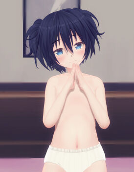 1girl 3d blue_eyes blue_hair blurry blurry_background blush closed_mouth collarbone convenient_arm cowboy_shot depth_of_field eyebrows_hidden_by_hair female_focus fingernails flat_chest happy_sugar_life highres indoors koube_shio loli messy_hair mirror nails navel panties sakanari short_hair smile solo steepled_fingers topless_female underwear white_panties