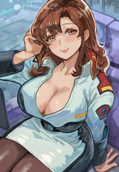 1girl blush breasts brown_eyes brown_hair brown_pantyhose chair cleavage closed_mouth commentary dated earth_federation earth_federation_space_forces gundam gundam_seed highres huge_breasts indoors large_breasts lipstick long_hair looking_at_viewer makeup military military_uniform murrue_ramius okrdisk2000 pantyhose smile solo touchscreen