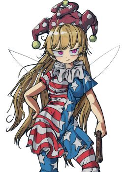 1girl absurdres american_flag american_flag_dress american_flag_legwear american_flag_print blonde_hair clownpiece commentary_request fairy fairy_wings flag_print hand_on_own_hip hat highres holding jester_cap legacy_of_lunatic_kingdom long_hair looking_at_viewer neck_ruff piaki pink_eyes polka_dot_headwear purple_hat sanpaku small_pupils smile solo touhou white_background wings