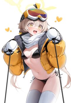 1girl :d absurdres alternate_costume bikini bikini_under_clothes black_bikini blue_archive blush breasts brown_hair cowboy_shot crossed_bangs eyewear_on_head gloves goggles goggles_on_head hair_between_eyes halo hands_up heart hifumi_(blue_archive) highres holding holding_ski_pole hooming_illust jacket loli long_hair looking_at_viewer navel open_clothes open_jacket open_mouth padded_jacket scarf side-tie_bikini_bottom simple_background ski_gear ski_goggles ski_pole small_breasts smile solo standing stomach swimsuit teeth thighhighs twintails upper_teeth_only very_long_hair white_background white_gloves white_thighhighs winged_halo yellow_eyes yellow_halo zettai_ryouiki