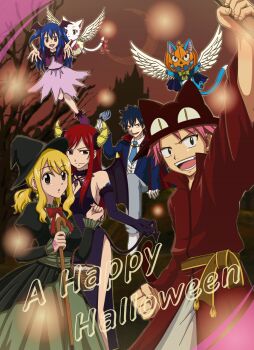 Rule 34 | 2boys, 3girls, bad id, bad pixiv id, blonde hair, blue hair, bluesnowcat, cane, charle (fairy tail), crescent moon, demon tail, demon wings, dress, elbow gloves, erza scarlet, fairy tail, gloves, gray fullbuster, halloween, happy (fairy tail), hat, head wings, horns, jack-o'-lantern, long hair, lucy heartfilia, moon, multiple boys, multiple girls, natsu dragneel, pink hair, red hair, side slit, tail, wendy marvell, wings, witch, witch hat
