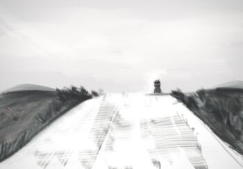 1other androgynous boli_yan_moni_qi cloud cloudy_sky frilled_headwear from_behind grass greyscale hashtag-only_commentary hat highres hill hood hood_down hooded_jacket jacket len&#039;en long_sleeves mob_cap monochrome other_focus path purple_jacket road shitodo_kuroji short_hair sky solo spot_color triangular_headpiece upper_body wide_shot