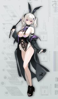 1girl absurdres animal_ears bare_shoulders black_gloves breasts commentary fake_animal_ears full_body gloves grandia_lee grey_background hair_ornament high_heels highleg highres original purple_eyes solo standing symbol-only_commentary thighs toes twintails white_hair