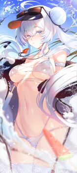 1girl absurdres bikini blue_eyes breasts commentary_request highres kyudong. long_hair medium_breasts original outdoors solo swimsuit thighhighs twintails very_long_hair visor_cap white_bikini white_hair white_thighhighs