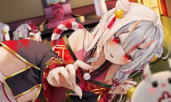 1girl bell black_kimono blurry blurry_background blurry_foreground center-flap_bangs commentary_request depth_of_field double_bun frilled_sleeves frills gold_trim groin hair_bell hair_between_horns hair_bun hair_ornament highres hololive horns indoors japanese_clothes kimono kouhaku_nawa long_hair long_sleeves looking_at_viewer lying mask multicolored_hair nakiri_ayame nakiri_ayame_(1st_costume) off_shoulder ohagetty on_side oni oni_mask open_mouth pelvic_curtain pom_pom_(clothes) poyoyo_(nakiri_ayame) reaching red_eyes red_hair red_kimono rope shimenawa short_kimono skin-covered_horns solo streaked_hair tabi tassel tassel_hair_ornament tatami thighhighs two_side_up virtual_youtuber white_hair white_thighhighs wide_sleeves