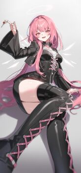 1girl absurdres arknights black_corset black_jacket boots charm_(object) commentary_request corset gradient_background halo highres jacket korean_commentary lace-up_boots lemuen_(arknights) long_hair lying nabezuru pink_eyes pink_hair smile thigh_boots thighs