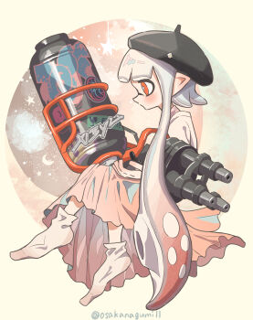 1girl artist_name black_hat commentary_request dress full_body gradient_hair hat highres holding holding_weapon hydra_splatling_(splatoon) inkling inkling_girl inkling_player_character multicolored_hair nintendo no_shoes osakanagumi11 pink_dress red_eyes red_hair socks solo splatoon_(series) splatoon_3 star_(symbol) tentacle_hair twitter_username two-tone_hair weapon white_hair white_socks