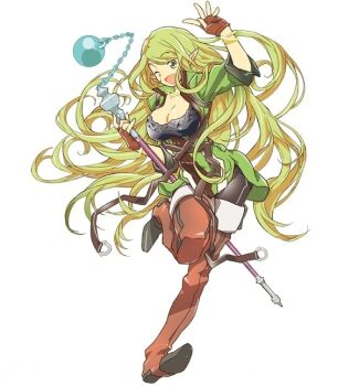 Rule 34 | 10s, 1girl, boots, breasts, brown boots, brown gloves, brown thighhighs, cleavage, female focus, fingerless gloves, floating hair, full body, gloves, green eyes, green hair, hara kazuhiro, holding, holding staff, large breasts, leg up, log horizon, long hair, marielle (log horizon), official art, one eye closed, open mouth, pointy ears, simple background, solo, staf, staff, standing, thigh boots, thighhighs, very long hair, white background
