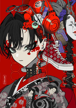 1girl absurdres black_hair braid cellphone commentary_request daruma_doll ear_piercing earrings electric_guitar flip_phone floral_print grey_eyes grey_kimono guitar hair_between_eyes headphones highres hoop_earrings instrument japanese_clothes jewelry kimono lobster long_hair looking_at_viewer mask mochizuki_kei octopus original parted_lips phone piercing print_kimono red_background simple_background solo upper_body