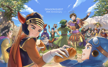 6+boys anniversary armor aviator_cap bandana black_hair black_shirt blue_eyes blue_gloves bodysuit bread breastplate brown_hair camus_(dq11) circlet cloak closed_eyes closed_mouth cup dragon_quest eating fake_horns feathered_wings food gloves gold_trim green_hat green_tunic grin halo hat helmet hero_(dq1) hero_(dq11) hero_(dq3) hero_(dq4) hero_(dq5) hero_(dq6) hero_(dq7) hero_(dq8) highres horned_helmet horns in-franchise_crossover instrument loaf_of_bread male_focus multiple_boys open_mouth orange_bodysuit outdoors prince_of_lorasia purple_bandana purple_cloak purple_tunic red_bandana roto_(dq3) shirt short_hair shoulder_armor slime_(creature) smile tambourine tree tunic wagon winged_headwear wings yellow_shirt