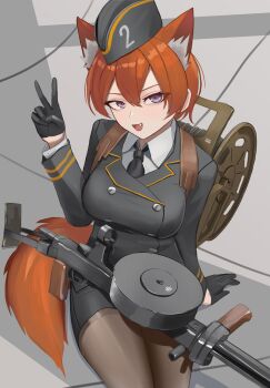 1girl absurdres animal_ear_fluff animal_ears arm_support black_gloves black_necktie breasts brown_pantyhose buttons collared_shirt commentary double-breasted dp-27 drum_magazine english_commentary fang fox_ears fox_girl fox_tail from_above garrison_cap gloves grey_eyes grey_hat grey_jacket grey_skirt gun hair_between_eyes hand_up hat highres jacket klottinen large_breasts long_sleeves machine_gun magazine_(weapon) military military_jacket military_uniform necktie open_mouth original pantyhose pencil_skirt red_hair red_tail shirt short_hair sitting skirt smile tail thighs v weapon white_shirt wire wire_spool