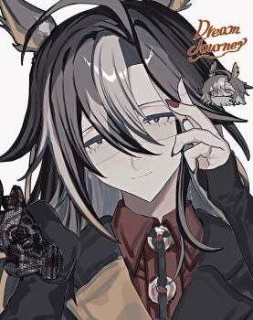 1girl animal_ears black_gloves dream_journey_(umamusume) glasses gloves highres horse_ears horse_girl inui_tyan lace lace-trimmed_gloves lace_trim multicolored_hair red_nails single_glove single_hair_intake smile solo streaked_hair umamusume upper_body