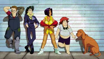 1girl 4boys barefoot bobby_hill breasts cosplay cowboy_bebop dale_gribble dog edward_wong_hau_pepelu_tivrusky_iv edward_wong_hau_pepelu_tivrusky_iv_(cosplay) fat fat_man faye_valentine faye_valentine_(cosplay) full_body glasses goggles goggles_around_neck hands_in_pockets hands_on_own_hips hank_hill height_chart height_comparison highres jacket jet_black jet_black_(cosplay) king_of_the_hill ladybird_(king_of_the_hill) midriff minh_souphanousinphone multiple_boys parody prosthesis prosthetic_arm red_jacket shorts spike_spiegel spike_spiegel_(cosplay) standing thighhighs
