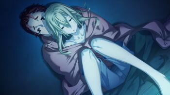 1boy 1girl barefoot black_pants black_socks blonde_hair blue_shorts brown_eyes collarbone dim_lighting fukuda_tomonori game_cg hair_between_eyes hair_down highres hug indoors knees koujiro_frau looking_to_the_side loungewear messy_hair narrowed_eyes nervous no_shoes non-web_source official_art on_floor on_lap on_person open_mouth pants red_eyes red_hair robotics;notes sad science_adventure screen_light shared_blanket shiny_eyes short_hair shorts sleepy socks tank_top white_tank_top wooden_floor yashio_kaito