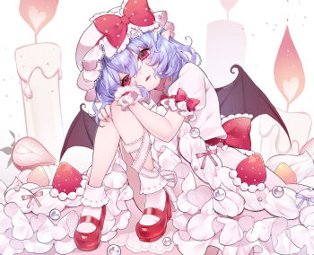 Rule 34 | 1girl, absurdres, bat wings, bow, candle, commentary, food, fruit, hat, highres, hugging own legs, leg ribbon, looking at viewer, mary janes, mob cap, open mouth, pointy ears, puffy short sleeves, puffy sleeves, purple hair, red bow, red eyes, red shoes, remilia scarlet, ribbon, samon (vxxr8575), shirt, shoes, short sleeves, skirt, skirt set, sleeve bow, socks, solo, strawberry, touhou, white hat, white ribbon, white shirt, white skirt, white socks, wings, wrist cuffs
