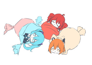 3girls a.i._voice adachi_rei blue_hair candy chibi chibi_only closed_eyes closed_mouth cott_(cott_5) drill_hair food hatsune_miku highres in_food kagamine_rin kasane_teto long_hair looking_at_viewer lying mini_person minigirl multiple_girls orange_hair red_hair simple_background twin_drills twintails utau vocaloid white_background