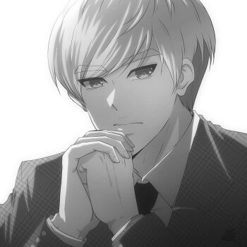Rule 34 | character request, closed mouth, commentary, copyright request, english commentary, enjelicious, formal clothes, greyscale, highres, male focus, md5 mismatch, monochrome, necktie, own hands together, portrait, short hair, solo, straight hair, white background