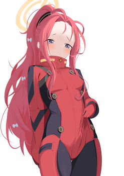 Rule 34 | 1girl, absurdres, arm behind back, black bodysuit, blue archive, blush, bodysuit, breasts, chanshiyu, closed mouth, commentary request, cowboy shot, halo, highres, looking down, multicolored bodysuit, official alternate costume, ponytail, purple eyes, red bodysuit, red hair, simple background, small breasts, solo, thigh gap, two-tone bodysuit, white background, yellow halo, yuzu (armed) (blue archive), yuzu (blue archive)