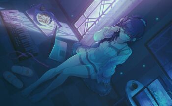 1girl asahina_mafuyu barefoot cardigan collarbone colorful_palette computer cup dutch_angle fish_tank food frills full_body game_cg glasses hair_ornament hair_scrunchie highres instrument jewelry keyboard_(instrument) laptop necklace official_alternate_costume official_art open_cardigan open_clothes ponytail project_sekai purple_eyes purple_hair scrunchie slippers solo soshite_ima_ribbon_wo_musunde_(project_sekai) star_(symbol) third-party_source tray white_cardigan white_scrunchie