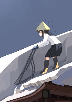 1girl absurdres black_hair blue_sailor_collar blue_skirt blue_sky boots commentary_request conical_hat flying_sweatdrops fubuki_(kancolle) highres kantai_collection long_hair pleated_skirt plow rooftop sailor_collar school_uniform serafuku skirt sky snow solo toplow yellow_boots