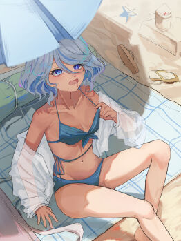 Rule 34 | 1girl, absurdres, bare shoulders, bikini, blue bikini, blue eyes, blue hair, blver, collarbone, colored inner hair, furina (genshin impact), genshin impact, highres, long sleeves, multicolored hair, navel, open clothes, open shirt, shirt, short hair, sitting, solo, starfish, stomach, swimsuit, thighs, white shirt