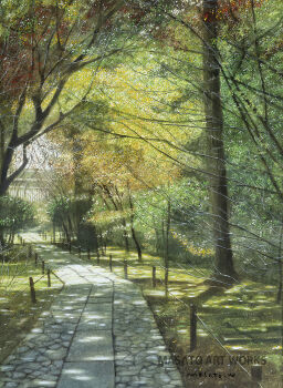 artist_name bare_tree commentary_request dappled_sunlight day highres kyoto no_humans original outdoors painting_(medium) park path road scenery shadow signature sunlight traditional_media tree watanabe_masato watercolor_(medium)