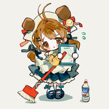 1girl animal_ears apologizing apron aqua_bow blue_dress blue_ribbon blue_shoes blush_stickers bottle bow bow_legwear broom brown_eyes brown_hair chibi chinese_commentary closed_mouth commentary_request dog dog_ears dog_girl dot_nose dress ears_through_headwear floppy_ears flying_sweatdrops frilled_apron frills frown grey_background hair_ornament hair_ribbon hairclip hat hat_bow hat_ornament headscarf highres holding holding_paper jacket jersey_maid kneehighs long_hair long_sleeves low_twintails maid mary_janes medium_dress original paper parallel_hairclips paw_print petticoat pleated_dress puffy_long_sleeves puffy_sleeves putong_xiao_gou red_bow ribbon sad shadow shoes short_twintails simple_background socks soda_bottle solo standing story_in_commentary tareme track_jacket twintails unconventional_maid white_apron white_headscarf white_socks yellow_jacket
