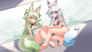 Rule 34 | 2girls, absurdres, ahoge, animal ear fluff, animal ears, barefoot, blue dress, blue eyes, blush, braid, breasts, character request, china dress, chinese clothes, commentary request, dress, eyepatch, feet, fox ears, fox girl, fox tail, green dress, green eyes, green hair, hair flaps, highres, karv, legs, long hair, multiple girls, negiwolf, original, sitting, small breasts, smile, soles, tail, thighs, toes, twin braids, white hair
