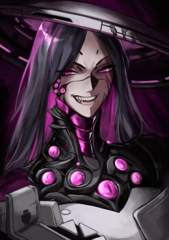 1girl absurdres colored_inner_hair commentary cracked_face cyborg egovista_(nikke) evil_smile goddess_of_victory:_nikke grey_hair hat highres jingasa kkaijju long_hair mechanical_eyes multicolored_hair purple_eyes purple_hair purple_streaks smile solo streaked_hair teeth two-tone_hair upper_body