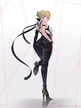 1girl absurdres ass bare_shoulders blonde_hair blue_eyes blush breasts evelyn_chevalier foot_up from_behind gloves hair_bun hair_ribbon high_heels highres large_breasts looking_at_viewer m2_(artist) pants ribbon short_hair sideboob solo wire zenless_zone_zero