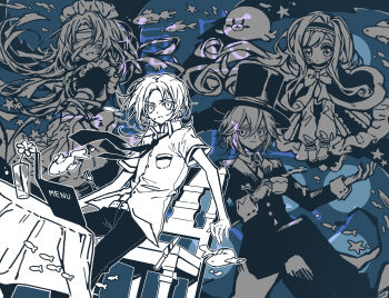 2boys 2girls absurdres apricot_tea_(kururingo) apron blindfold blue_theme bow bowtie capelet commentary fish hairband hat highres kaitei_family_restaurant_(vocaloid) kururingo lemon_candy_(kururingo) long_hair maid_(kururingo) maid_apron maid_headdress menu_board monochrome multiple_boys multiple_girls necktie older_brother_(kururingo) open_mouth rimi_(2breathswalk_) short_sleeves smile table top_hat untranslatable_commentary very_long_hair