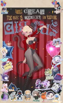 :3 absurdres ahoge alternate_costume animal_ears artist_name axel_(koko_d._nuts) balloon black_boots black_hat blonde_hair boots breasts brown_hair bulging_eyes cat_ears cat_girl cat_tail character_name character_request chibi chibi_inset cleavage closed_mouth commentary confetti curtains dark-skinned_female dark_skin double_v english_commentary english_text eye_pop eyelashes fang full_body gen_1_pokemon gengar glasses green_hair grey_pantyhose harleyhttv hat heart heart_balloon high_heel_boots high_heels highres holding holding_whip honey_bun_(honeythekawaiibunny) indie_virtual_youtuber jester_cap koko_d._nuts kumi_(vtuber) leotard lifrim_(vtuber) long_sleeves minawan minikomew mole mole_on_breast monkey monkey_ears monkey_girl monkey_tail moopy_buns mrcs_404 multicolored_eyes multiple_girls nintendo one_eye_closed open_mouth pantyhose pink_hair pokemon round_eyewear scar scar_across_eye scar_on_face second-party_source shorkie_(megalodon_(vtuber)) short_hair skin_fang solo_focus split_mouth spongeybuns standing standing_on_one_leg star_balloon succuguts_(vtuber) tail top_hat v venus_valora virtual_youtuber whip