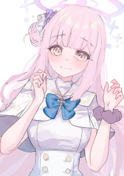 1girl absurdres blue_archive blue_bow blue_bowtie bow bowtie breasts buttons capelet closed_mouth commentary_request double-breasted dress gradient_halo hair_bun halo highres jin_(oihlf) large_breasts long_hair looking_at_viewer mika_(blue_archive) multicolored_halo nervous_smile pink_hair pink_halo purple_halo single_side_bun smile solo split_mouth very_long_hair white_capelet white_dress