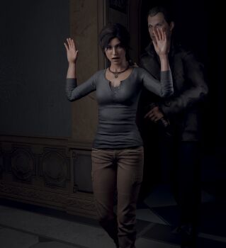 1boy 1girl 3d absurdres breasts brown_eyes brown_hair hands_up highres jewelry konstantin lara_croft necklace skvrwiel tomb_raider weapon