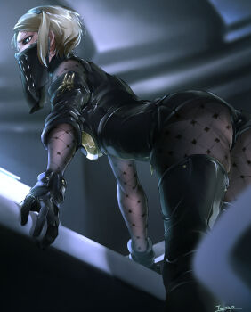 1girl absurdres arm_support ass black_bodysuit black_boots blonde_hair blue_eyes bodystocking bodysuit boots highres leaning_forward mouth_veil nier:automata nier_(series) operator_21o serious short_hair solo teppu_tora thigh_boots veil