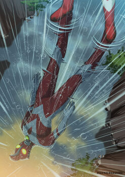 1boy alien arms_at_sides boulder cloud cloudy_sky color_timer colored_skin commentary compound_eyes dated dorsal_fin giant giant_male glowing glowing_eyes highres legs_apart looking_down male_focus multicolored_skin no_pupils orange_sky outdoors pectorals puddle rain red_skin reflection reflective_liquid river rock silver_skin sky solo standing sunset tokusatsu toned toned_male tree twitter_username two-tone_skin ultra_series ultraman_zearth ultraman_zearth_(series) wet yellow_eyes yuuki_koutarou