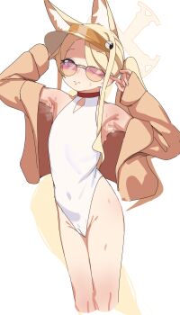 1girl animal_ears armpits bare_shoulders blonde_hair blue_archive cardigan closed_mouth commentary cowboy_shot cropped_legs flat_chest fox_ears halo highres looking_at_viewer official_alternate_costume one-piece_swimsuit open_cardigan open_clothes pink-tinted_eyewear purple_eyes seia_(blue_archive) seia_(swimsuit)_(blue_archive) simple_background solo sorian66 sunglasses sweat sweatdrop swimsuit tinted_eyewear visor_cap white_background white_one-piece_swimsuit yellow_cardigan yellow_halo