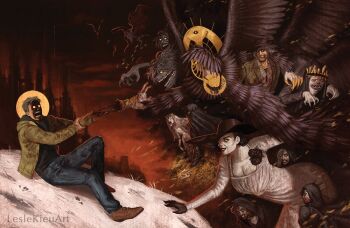 3boys 6+girls alcina_dimitrescu angie_(resident_evil) bandaged_hand bela_dimitrescu blood breasts cassandra_dimitrescu castle cleavage daniela_dimitrescu dark_sky dismemberment donna_beneviento dress ethan_winters fine_art_parody glowing glowing_eyes hat hood hoodie injury jacket karl_heisenberg lesle_kieu male_focus monster mother_and_daughter mother_miranda multiple_boys multiple_girls multiple_wings open_mouth pale_skin parody resident_evil resident_evil_village salvatore_moreau screaming shaded_face sunglasses the_creation_of_adam wings