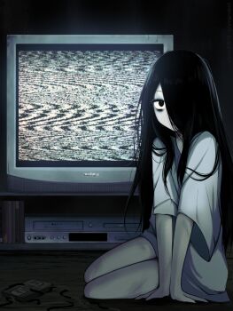1girl arm_support black_eyes black_hair commentary crt dress full_body hair_over_one_eye highres long_hair looking_at_viewer on_floor sitting solo static television the_ring vickie_(cryingrobot) videocassette videocassette_recorder white_dress yamamura_sadako yokozuwari