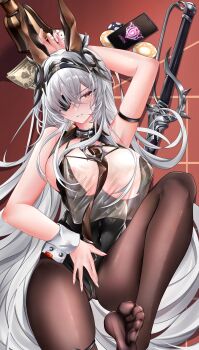 1girl absurdres animal_ears areola_slip arm_strap arm_up azur_lane banknote bare_shoulders black_leotard blush breast_curtain breasts brown_pantyhose cellphone commentary_request dakimakura_(medium) dice eyepatch fake_animal_ears fritz_rumey_(azur_lane) fritz_rumey_(schwarzes_kaninchen)_(azur_lane) heart highres huge_breasts iue_(pixiv_95802465) leotard long_hair looking_at_viewer lying money nail_polish official_alternate_costume on_back pantyhose phone playboy_bunny poker_chip rabbit_ears red_eyes scabbard see-through_breast_curtain see-through_clothes sheath sheathed smartphone solo sword very_long_hair weapon white_nails white_wrist_cuffs wrist_cuffs