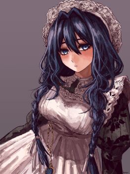 Rule 34 | 1girl, absurdres, apron, artist name, black dress, blue eyes, blue hair, braid, breasts, byrrenn, commentary, dress, embroidered dress, embroidery, empire waist, fanged bangs, frilled hat, frills, grey background, hair intakes, hashtag-only commentary, hat, highres, hololive, hololive english, large breasts, long hair, looking at viewer, low twin braids, maid, maid apron, mob cap, official alternate costume, official alternate hairstyle, ouro kronii, ouro kronii (maid), parted lips, pocket watch, puritan collar, simple background, solo, twin braids, upper body, victorian maid, virtual youtuber, watch, white apron