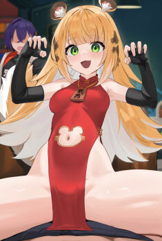 1boy 1other 2girls :d alternate_costume animal_ear_fluff animal_ears belle_(zenless_zone_zero) black_gloves blush breasts china_dress chinese_clothes clothing_cutout colored_inner_hair dress elbow_gloves eous_(zenless_zone_zero) fingerless_gloves gloves green_eyes hetero highres indoors ju_fufu loli long_hair looking_at_viewer medium_breasts multicolored_hair multiple_girls navel_cutout open_mouth orange_hair paw_pose pelvic_curtain pov red_dress skai_kun sleeveless sleeveless_dress smile solo_focus spread_legs straddling tail tiger_ears tiger_girl tiger_tail zenless_zone_zero