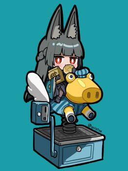 1girl animal_ear_fluff animal_ears black_boots black_skirt blue_background boots braid bread brown_pantyhose chibi commentary_request eating food grey_hair highres holding holding_food hoshimi_miyabi kiddie_ride long_hair looking_at_viewer melon_bread natsume_eri pantyhose pleated_skirt red_eyes simple_background skirt solo twitter_username very_long_hair zenless_zone_zero